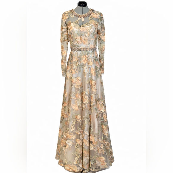Mac Duggal Floral Embroidered Long Sleeve Dress, A-Line Gown in Cream Peachy NWT - Picture 14 of 15